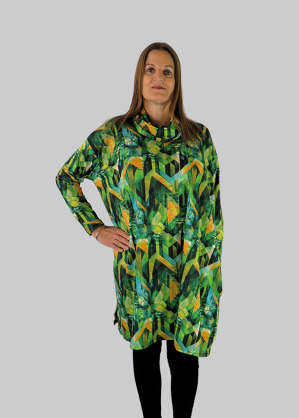 This cowl tunic is made from a soft feel green jersey, with a beautiful all over green and yellow abstract print. Perfect for any autumn winter occasion, from a wedding to any celebration to everyday wear. The tunic top will take you from day to night with effortless style and elegance.