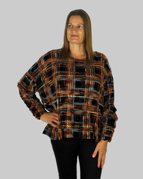 This wide top is made from a embossed check print fabric.  Perfect for any autumn winter occasion, from a party to everyday wear. This top will take you from day to night with effortless style and elegance.