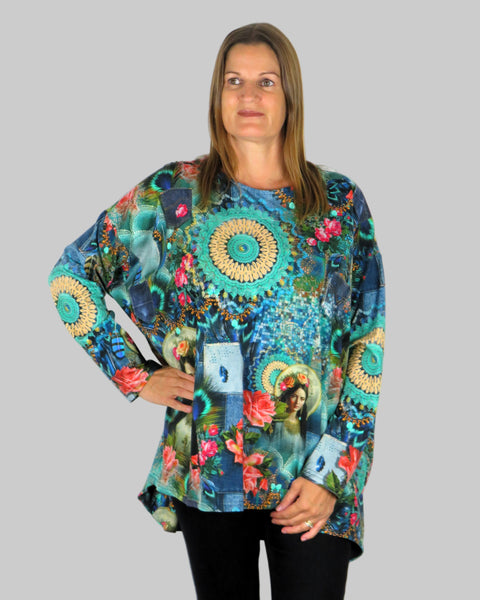 This wide top is made from a soft feel blue jersey, with a beautiful all over multi colour print. Perfect for any autumn winter occasion, from a wedding to any celebration to everyday wear. The wide top will take you from day to night with effortless style and elegance.