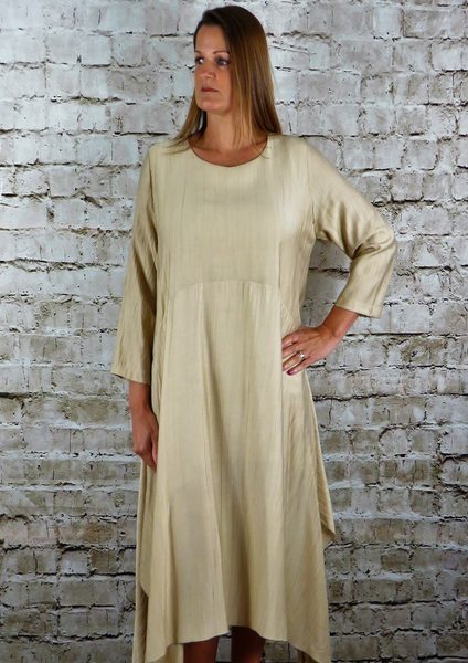 This dress is made from a soft gold viscose linen. Perfect for any spring summer occasion, from a wedding - mother of the bride, mother of the groom and wedding guest to everyday wear. This dress will take you from day to night with effortless style and elegance.