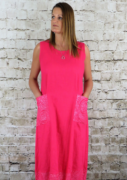 The sleeveless dress is made from soft linen, with a beautiful print on the pockets and hem. This dress will brighten up any spring or summers day with its vibrant colours, effortless style and elegance. Perfect for any spring summer occasion, from a wedding - mother of the bride, mother of the groom and wedding guest to everyday wear. Available in Cerise, Coral, Grey, Lime and Sky.  Matching Jacket also available. 