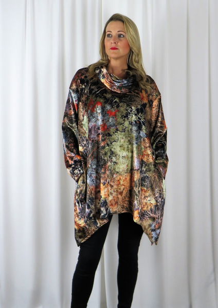 Autumn Printed Velvet - Wide Tunic with Cowl  £75