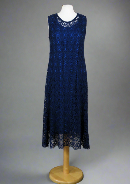 This dress is made from beautiful navy lace macramè with a separate viscose lining. Perfect for any spring summer occasion, from a wedding - mother of the bride, mother of the groom and wedding guest to everyday wear.  This dress will take you from day to night with effortless style and elegance.