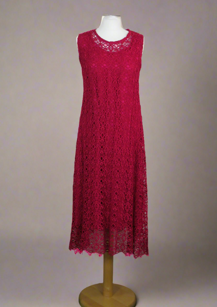 This dress is made from beautiful cerise lace macramè with a separate viscose lining. Perfect for any spring summer occasion, from a wedding - mother of the bride, mother of the groom and wedding guest to everyday wear.  This dress will take you from day to night with effortless style and elegance.