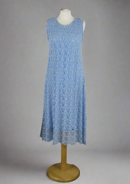 This dress is made from beautiful blue lace macramè with a separate viscose lining. Perfect for any spring summer occasion, from a wedding - mother of the bride, mother of the groom and wedding guest to everyday wear.  This dress will take you from day to night with effortless style and elegance.