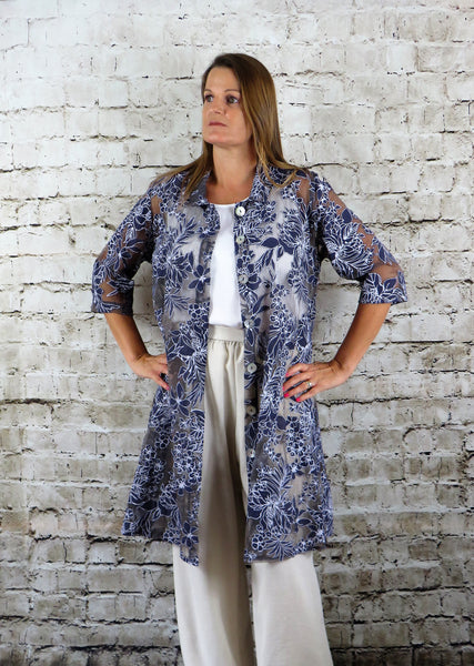 This coat is made from a soft navy organza fabric, with a beautiful all over floral design. Perfect for any spring summer occasion, from a wedding - mother of the bride, mother of the groom and wedding guest to everyday wear. This coat will take you from day to night with effortless style and elegance.