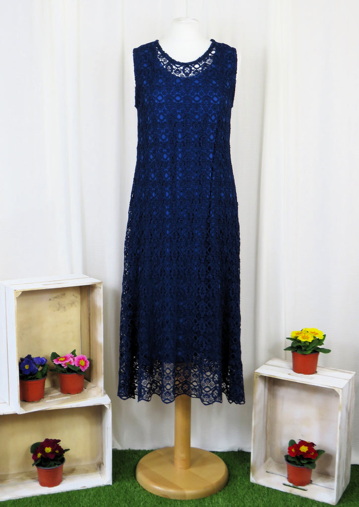 This dress is made from beautiful navy lace macramè with a separate viscose lining. Perfect for any spring summer occasion, from a wedding - mother of the bride, mother of the groom and wedding guest to everyday wear. This dress will take you from day to night with effortless style and elegance.
