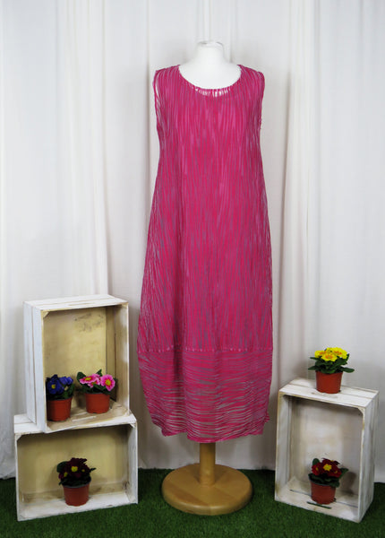 This sleeveless dress is made from a cerise sheer fabric with a beautiful all over stripe design, and a soft viscose lining. Perfect for any spring summer occasion, from a wedding - mother of the bride, mother of the groom and wedding guest to everyday wear. This dress will take you from day to night with effortless style and elegance. A matching shrug is available.