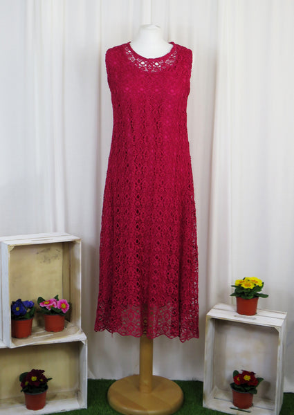 This dress is made from beautiful cerise lace macramè with a separate viscose lining. Perfect for any spring summer occasion, from a wedding - mother of the bride, mother of the groom and wedding guest to everyday wear. This dress will take you from day to night with effortless style and elegance.