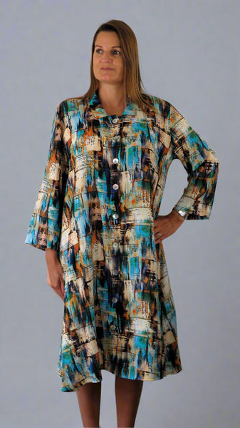 This button front dress is made from a soft viscose fabric, with an all over multi colour print. Perfect for any spring summer occasion or everyday wear. This dress will take you from day to night with effortless style and elegance.