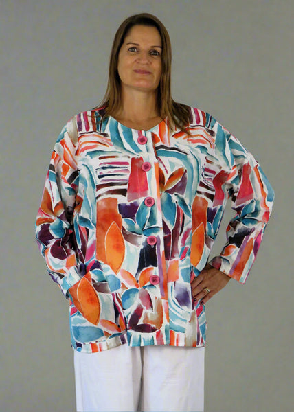 This jacket is made from a soft white linen, with a beautiful all over colourful print. Perfect for any spring summer occasion, from a wedding - mother of the bride, mother of the groom and wedding guest to everyday wear. This jacket will take you from day to night with effortless style and elegance.