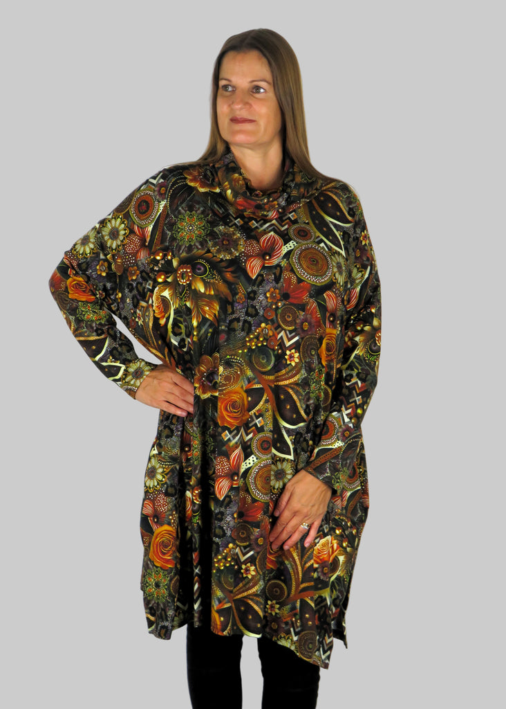 This cowl tunic is made from a soft feel brown jersey, with a beautiful all over gold and print. Perfect for any autumn winter occasion, from a wedding to any celebration to everyday wear. The tunic top will take you from day to night with effortless style and elegance.