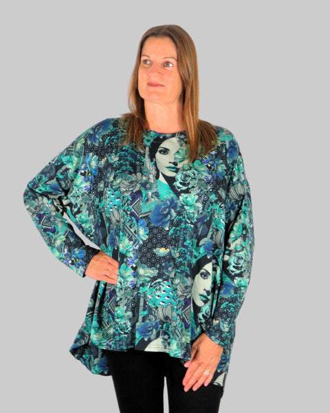 This wide top is made from a soft feel blue jersey, with a beautiful all over multi colour print. Perfect for any autumn winter occasion, from a wedding to any celebration to everyday wear. The wide top will take you from day to night with effortless style and elegance.