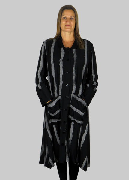 This coat is made from a beautiful soft black cotton with a grey stripe. Perfect for any autumn winter occasion, from a wedding, Mother of the Bride, Mother of the Groom, Wedding Guest to a party or everyday wear. This coat will take you from day to night with effortless style and elegance.