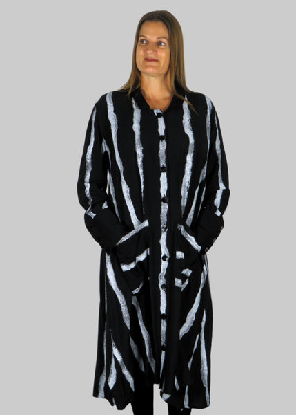 This coat is made from a beautiful soft black cotton with a white stripe. Perfect for any autumn winter occasion, from a wedding, Mother of the Bride, Mother of the Groom, Wedding Guest to a party or everyday wear. This coat will take you from day to night with effortless style and elegance.      Please note : This coat is unlined