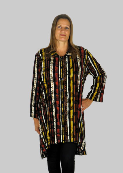 This tunic blouse is made from a embossed stripe fabric.  Perfect for any autumn winter occasion, from a party to everyday wear. This blouse will take you from day to night with effortless style and elegance.